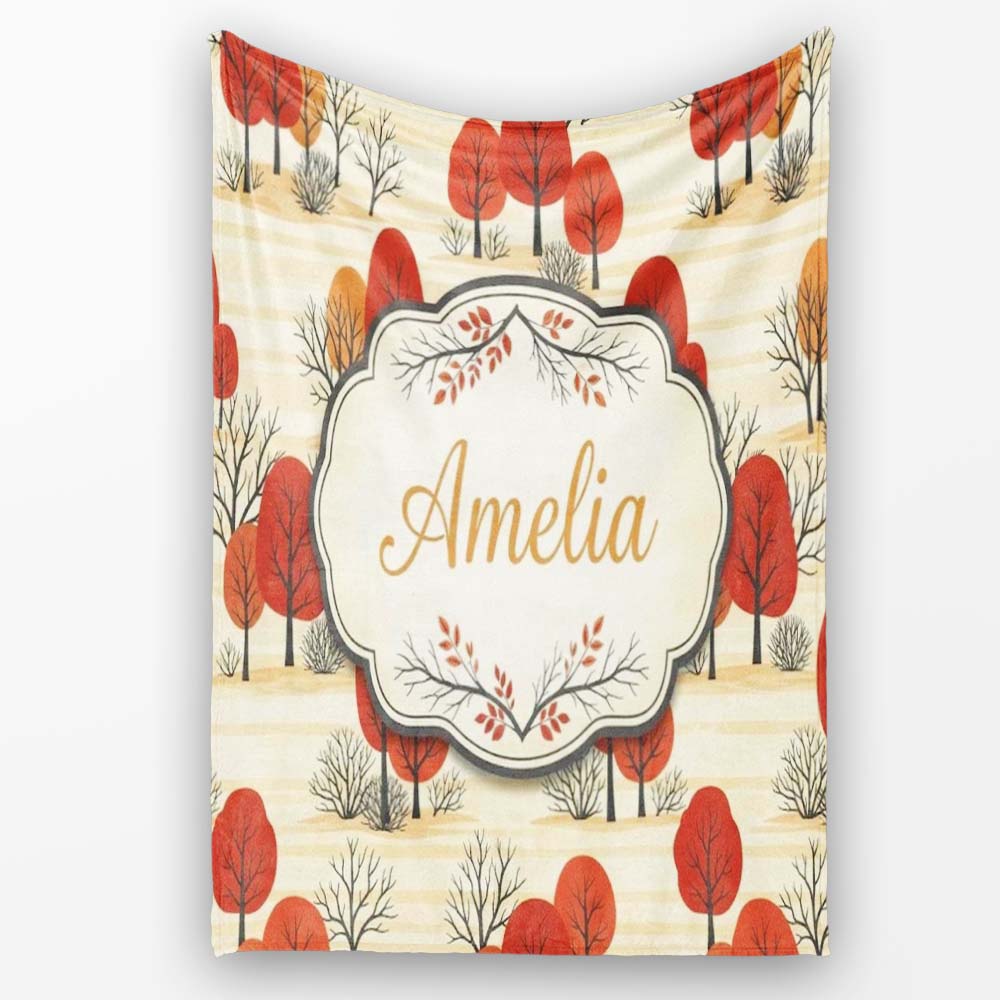 Autumn Woodland Scene with Red Trees and Neutral Hills Seamless  Personalised Custom Name Super Soft Fleece Blanket Bed Sofa Throw