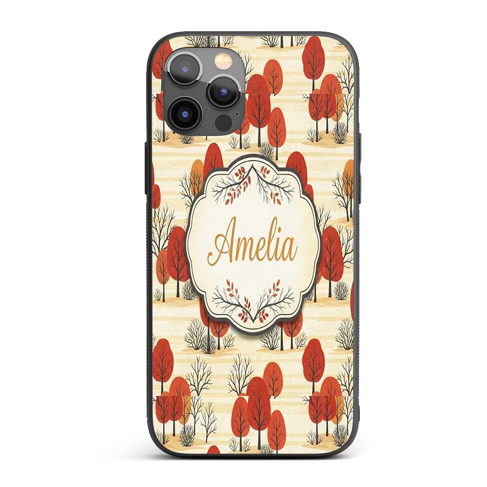 Autumn Woodland Scene with Red Trees and Neutral Custom Name Protective Phone Case Mobile Cover Durable Everyday Smartphone Shock Resistant