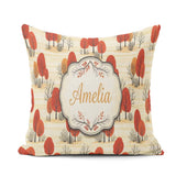 Custom Name Autumn Woodland Scene Red Trees and Neutral Seamless Square Filled Cushion Throw Pillow Sofa Bed Home Decor Zip Washable UK Made