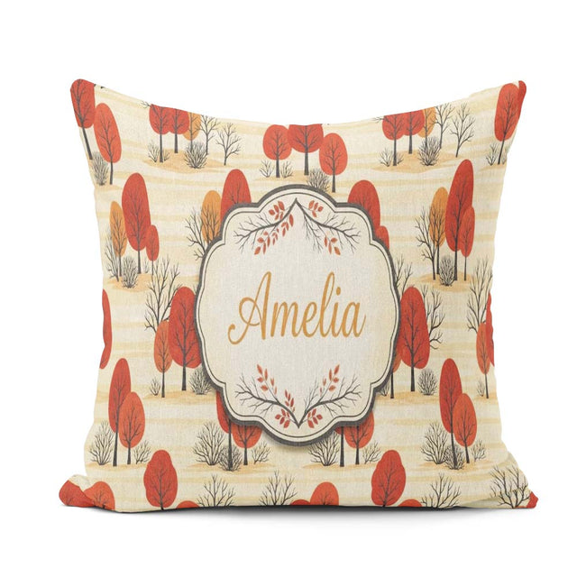 Custom Name Autumn Woodland Scene Red Trees and Neutral Seamless Square Filled Cushion Throw Pillow Sofa Bed Home Decor Zip Washable UK Made