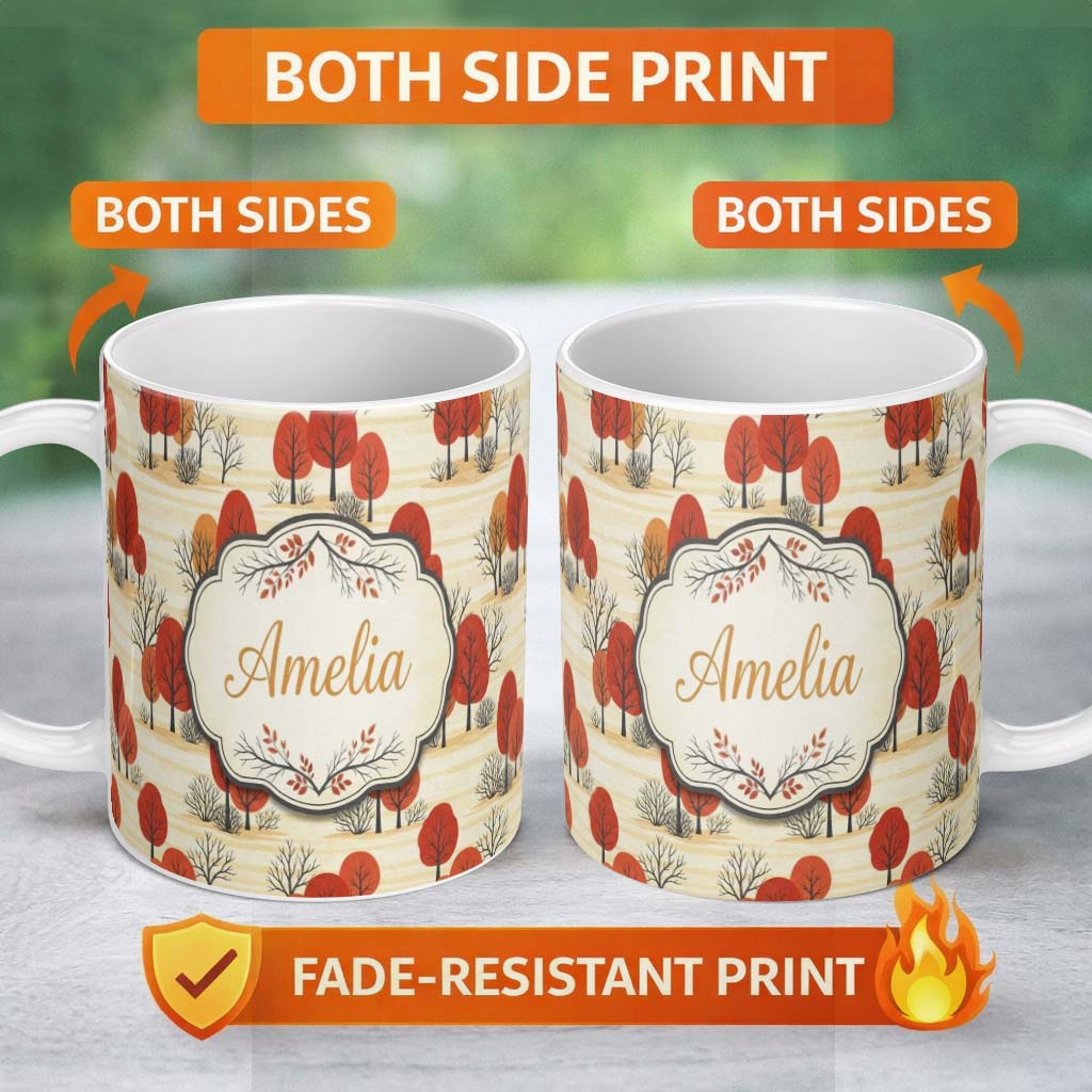 Personalized Custom Name Autumn Woodland Scene with Red Trees and Neutral Hills Seamless 11oz Ceramic Coffee Tea Mug White Large Handle