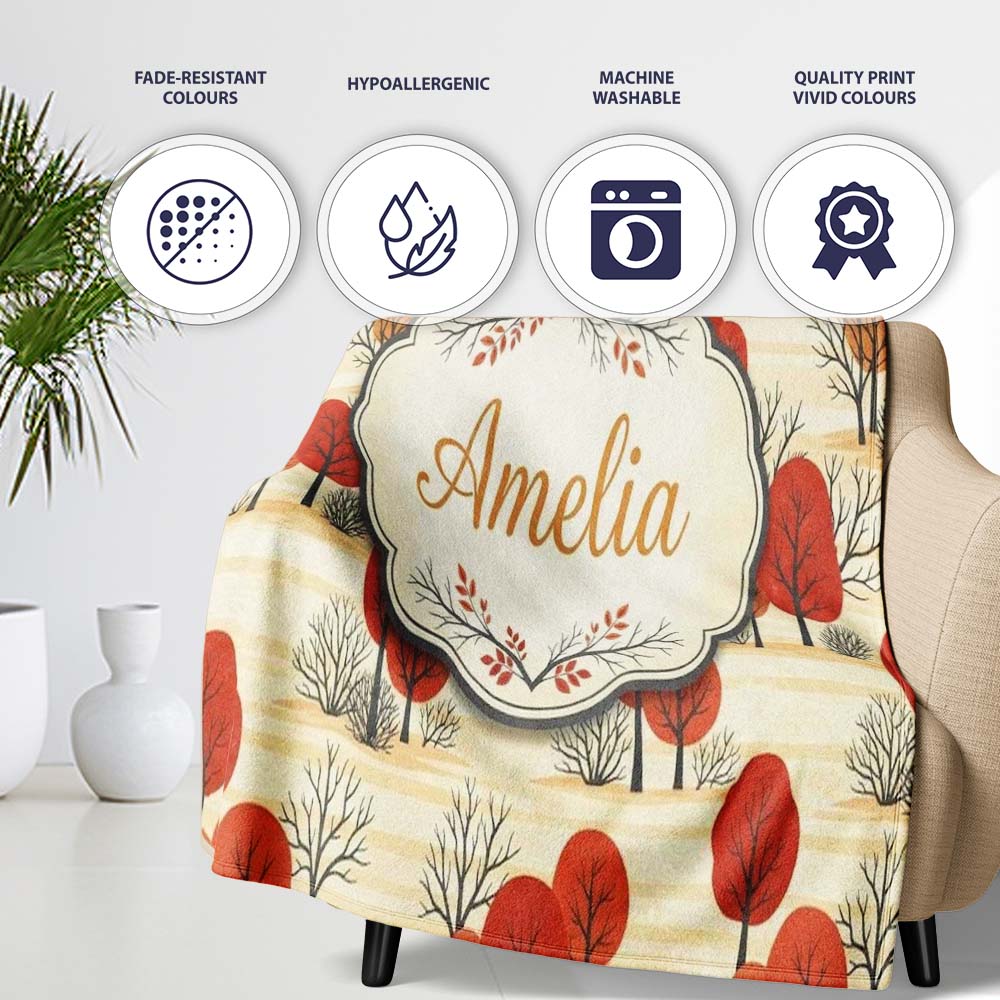 Autumn Woodland Scene with Red Trees and Neutral Hills Seamless  Personalised Custom Name Super Soft Fleece Blanket Bed Sofa Throw