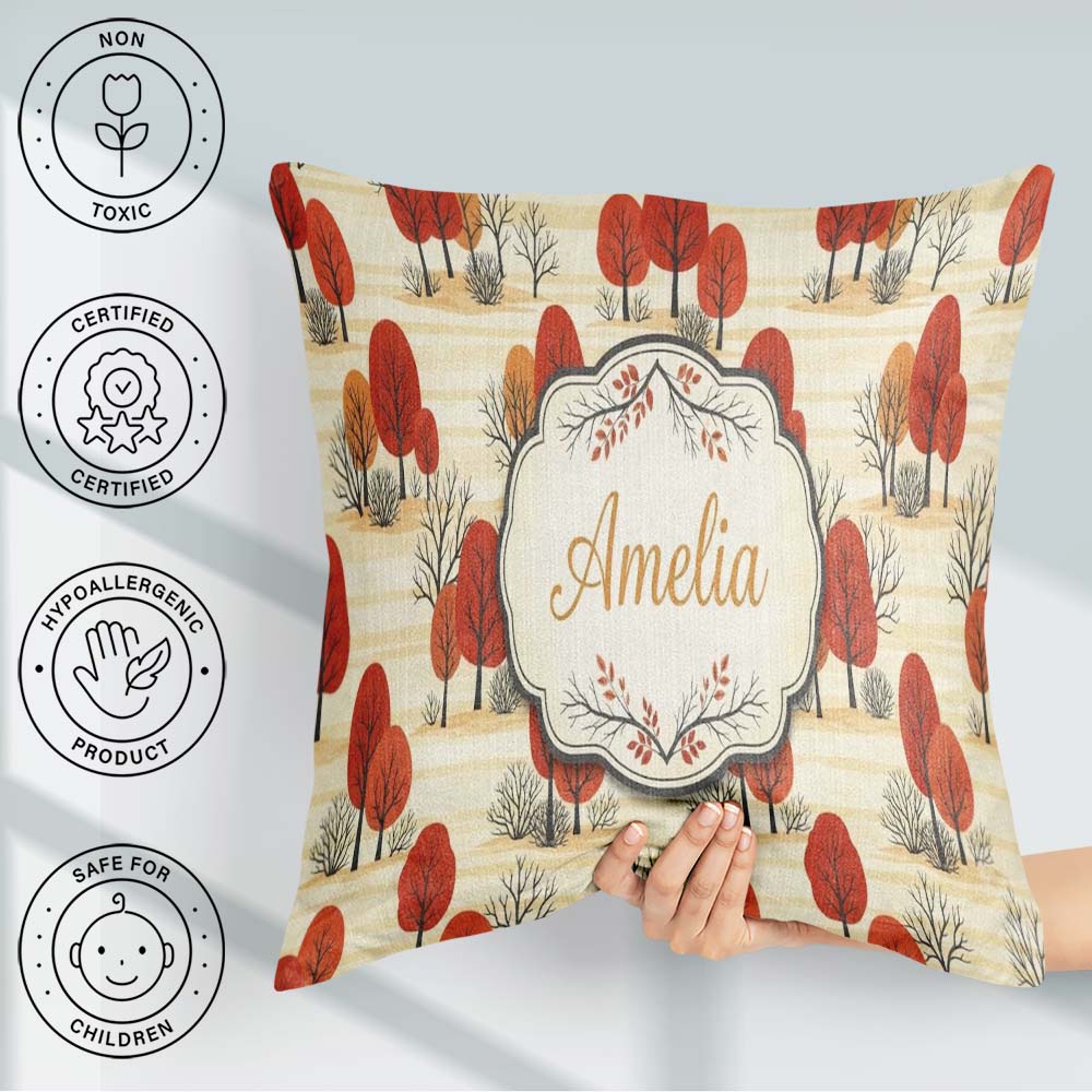 Custom Name Autumn Woodland Scene Red Trees and Neutral Seamless Square Filled Cushion Throw Pillow Sofa Bed Home Decor Zip Washable UK Made
