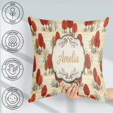 Custom Name Autumn Woodland Scene Red Trees and Neutral Seamless Square Filled Cushion Throw Pillow Sofa Bed Home Decor Zip Washable UK Made
