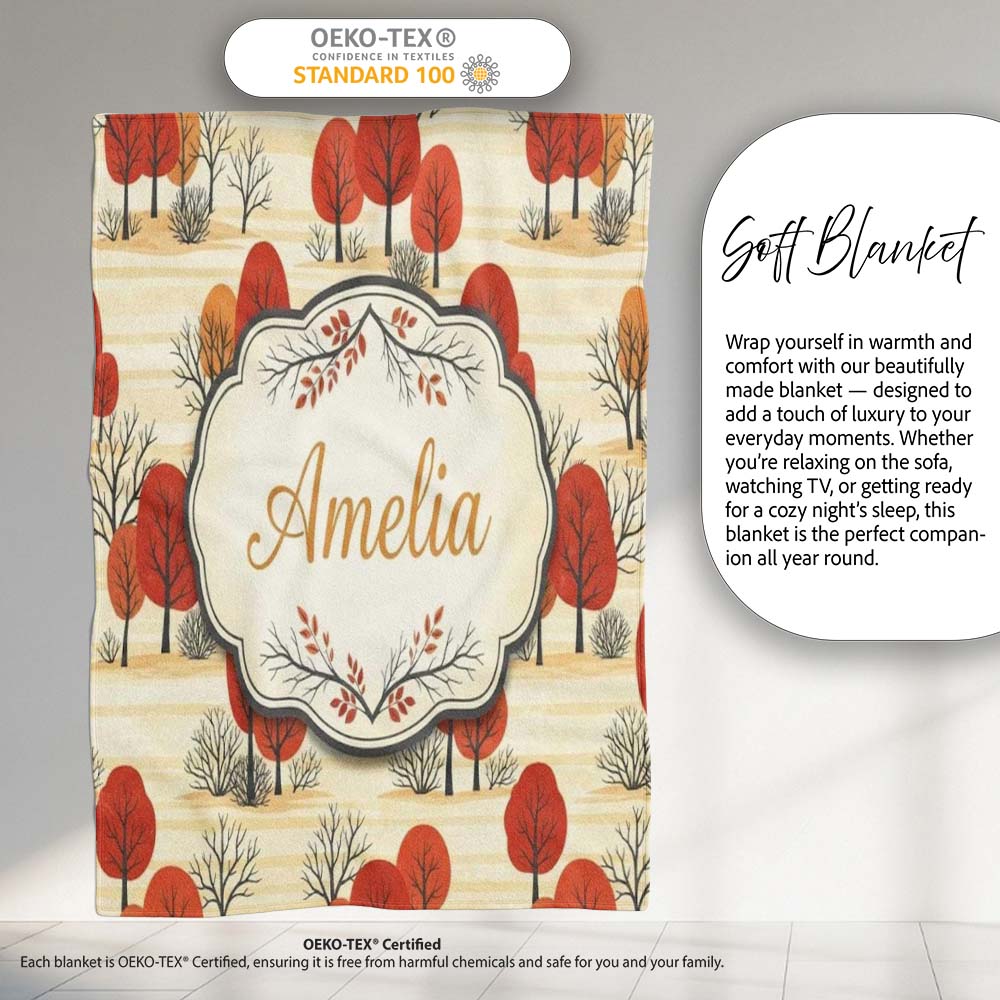 Autumn Woodland Scene with Red Trees and Neutral Hills Seamless  Personalised Custom Name Super Soft Fleece Blanket Bed Sofa Throw