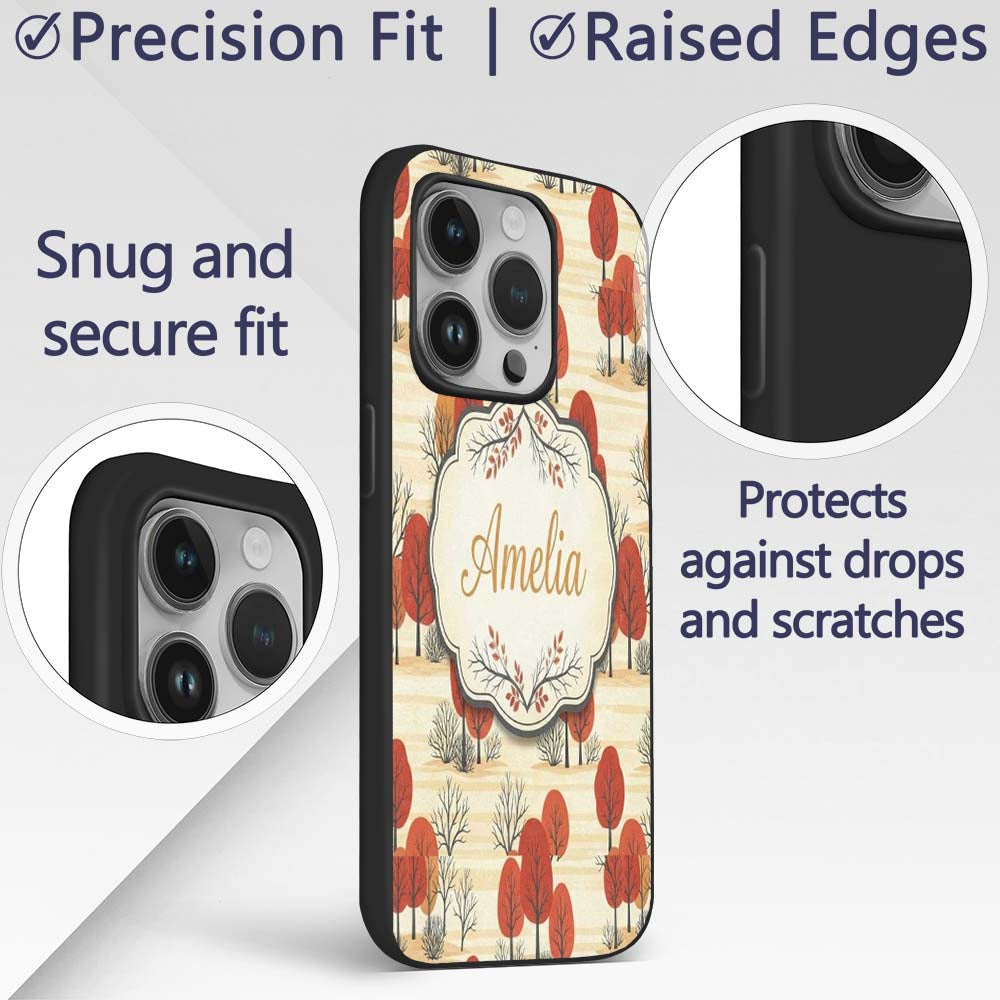 Autumn Woodland Scene with Red Trees and Neutral Custom Name Protective Phone Case Mobile Cover Durable Everyday Smartphone Shock Resistant