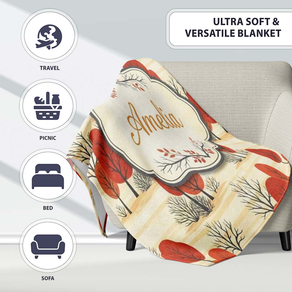 Autumn Woodland Scene with Red Trees and Neutral Hills Seamless  Personalised Custom Name Super Soft Fleece Blanket Bed Sofa Throw