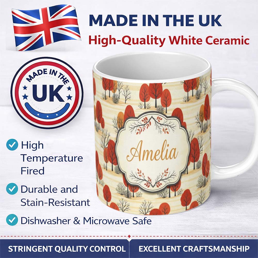 Personalized Custom Name Autumn Woodland Scene with Red Trees and Neutral Hills Seamless 11oz Ceramic Coffee Tea Mug White Large Handle