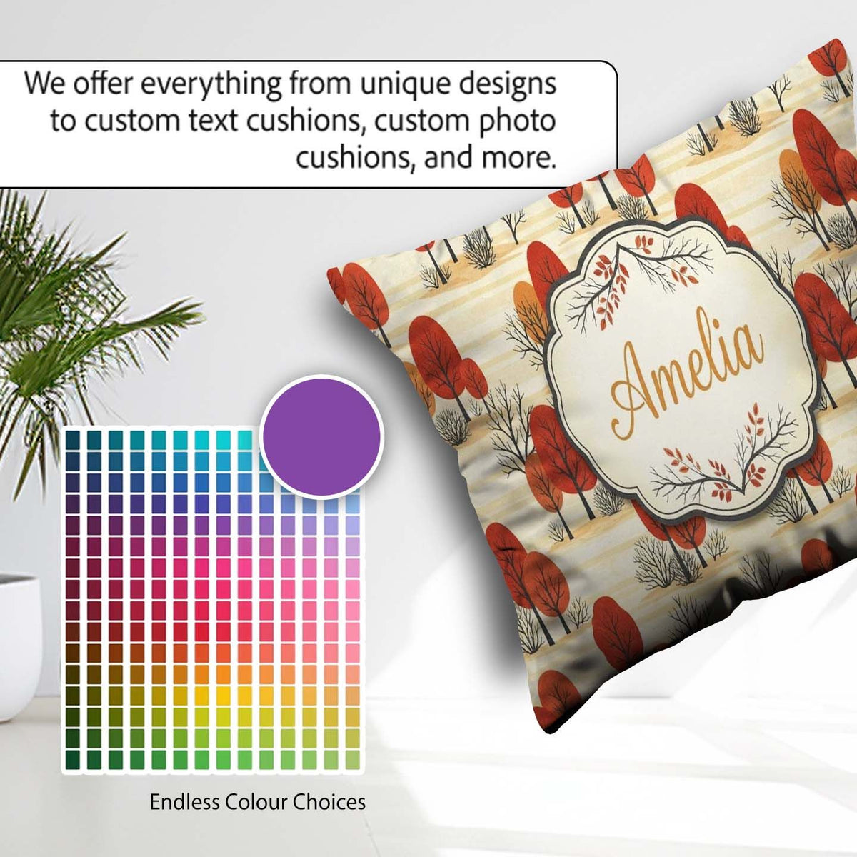 Custom Name Autumn Woodland Scene Red Trees and Neutral Seamless Square Filled Cushion Throw Pillow Sofa Bed Home Decor Zip Washable UK Made