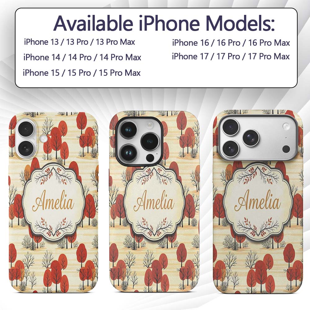 Autumn Woodland Scene with Red Trees and Neutral Custom Name Protective Phone Case Mobile Cover Durable Everyday Smartphone Shock Resistant