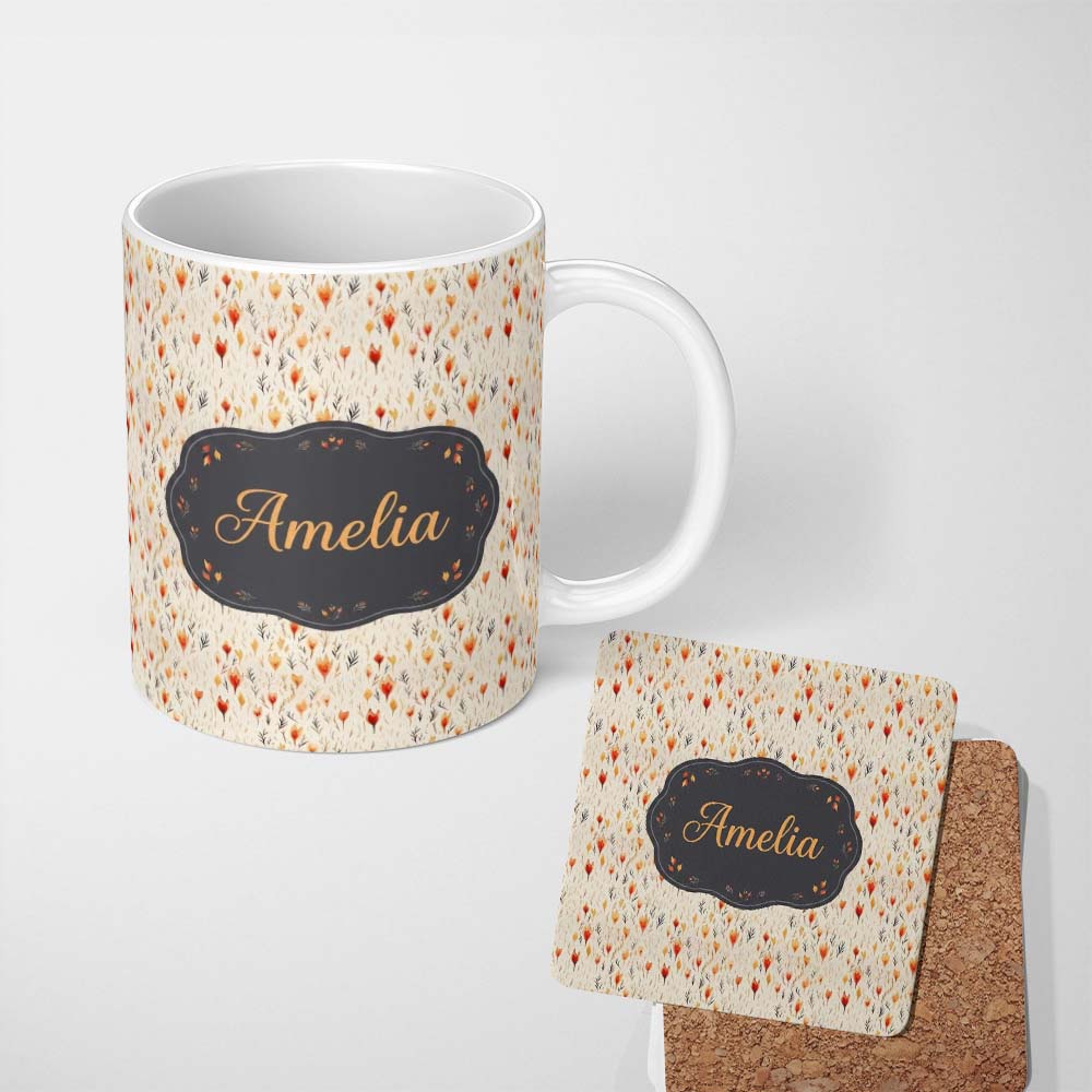Personalized Custom Name Delicate Small Floral Pattern in Warm Autumn Shades Seamless Name 11oz Ceramic Coffee Tea Mug White Large Handle