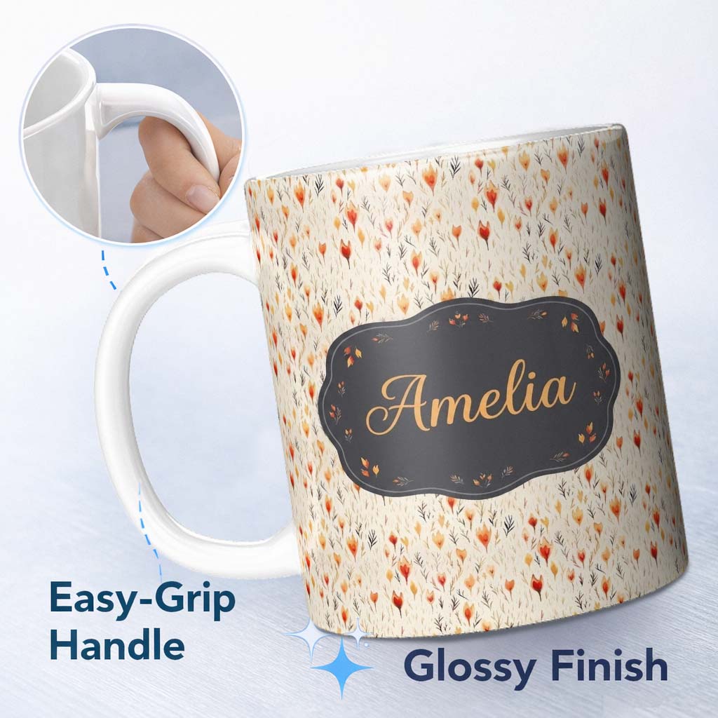 Personalized Custom Name Delicate Small Floral Pattern in Warm Autumn Shades Seamless Name 11oz Ceramic Coffee Tea Mug White Large Handle