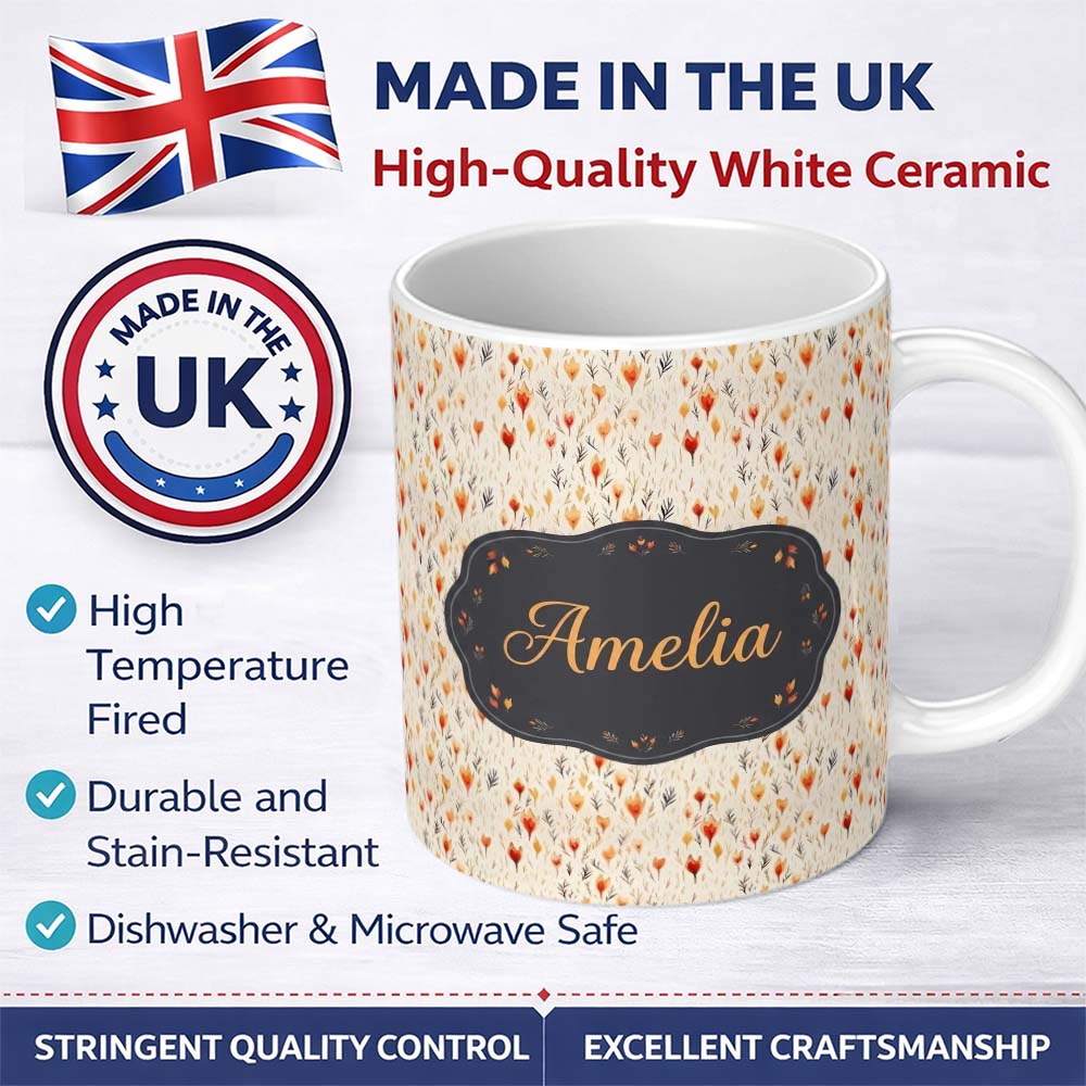 Personalized Custom Name Delicate Small Floral Pattern in Warm Autumn Shades Seamless Name 11oz Ceramic Coffee Tea Mug White Large Handle