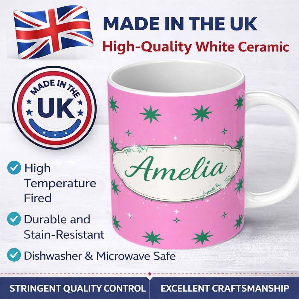 Personalized Custom Name Green Star Shapes on Pink Background Seamless Pattern Lovely 11oz Ceramic Coffee Tea Mug White Large Handle