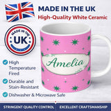Personalized Custom Name Green Star Shapes on Pink Background Seamless Pattern Lovely 11oz Ceramic Coffee Tea Mug White Large Handle