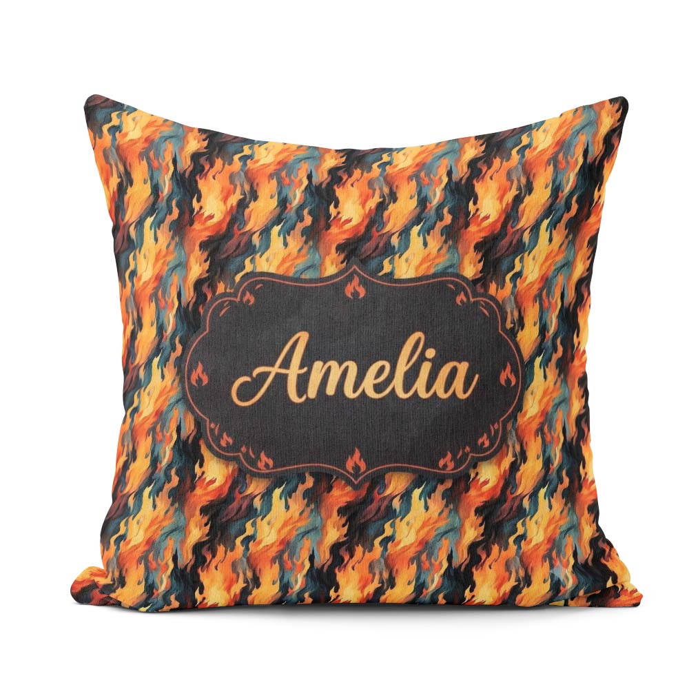 Custom Name Abstract Flowing Flames in Orange and Tones Seamless Square Filled Cushion Throw Pillow Sofa Bed Home Decor Zip Washable UK Made