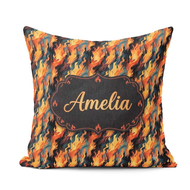 Custom Name Abstract Flowing Flames in Orange and Tones Seamless Square Filled Cushion Throw Pillow Sofa Bed Home Decor Zip Washable UK Made