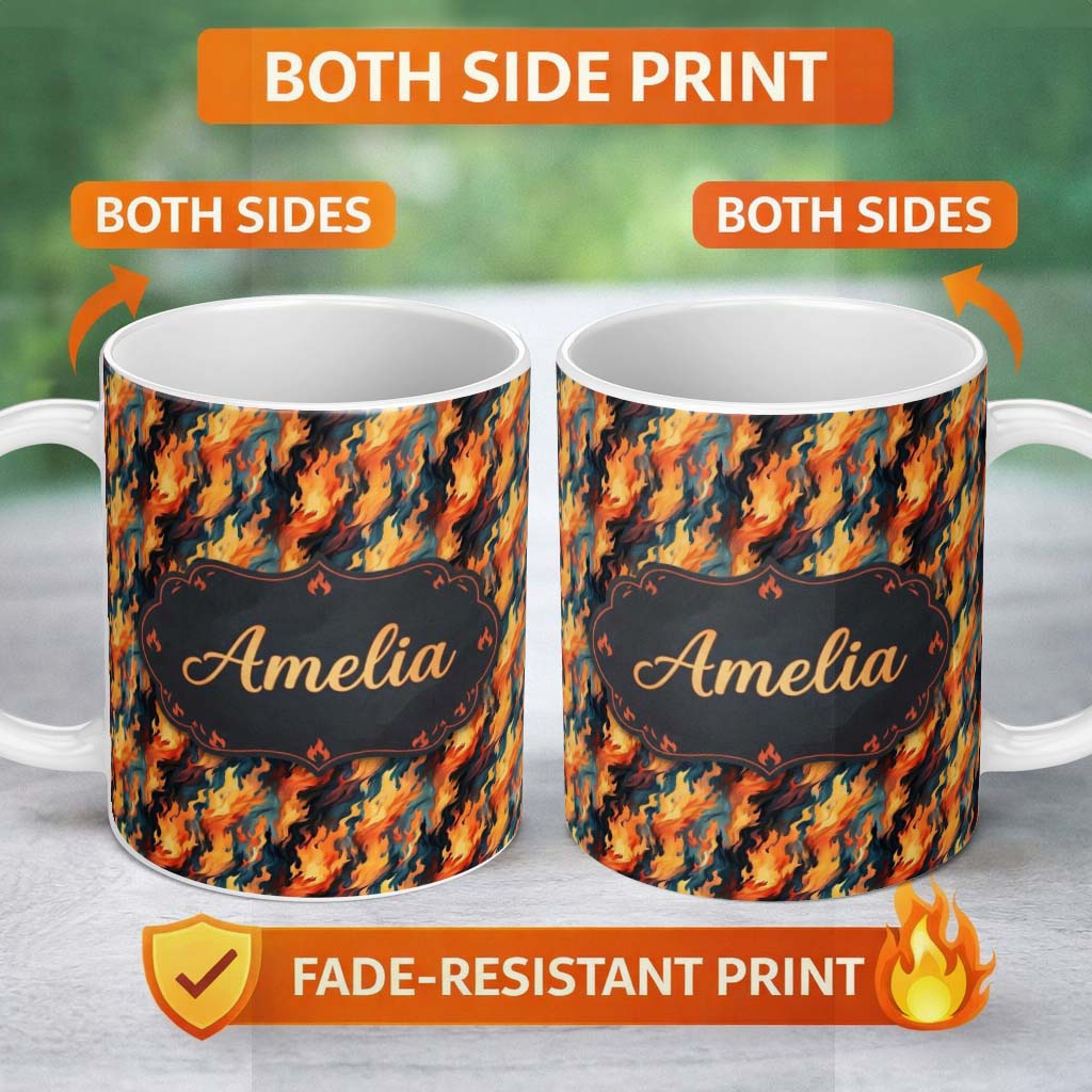 Personalized Custom Name Abstract Flowing Flames in Orange and Blue Tones Seamless Pattern 11oz Ceramic Coffee Tea Mug White Large Handle