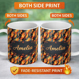 Personalized Custom Name Abstract Flowing Flames in Orange and Blue Tones Seamless Pattern 11oz Ceramic Coffee Tea Mug White Large Handle