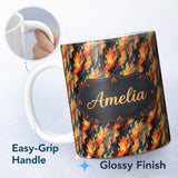 Personalized Custom Name Abstract Flowing Flames in Orange and Blue Tones Seamless Pattern 11oz Ceramic Coffee Tea Mug White Large Handle