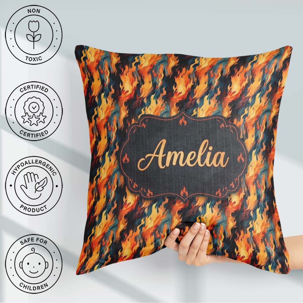 Custom Name Abstract Flowing Flames in Orange and Tones Seamless Square Filled Cushion Throw Pillow Sofa Bed Home Decor Zip Washable UK Made