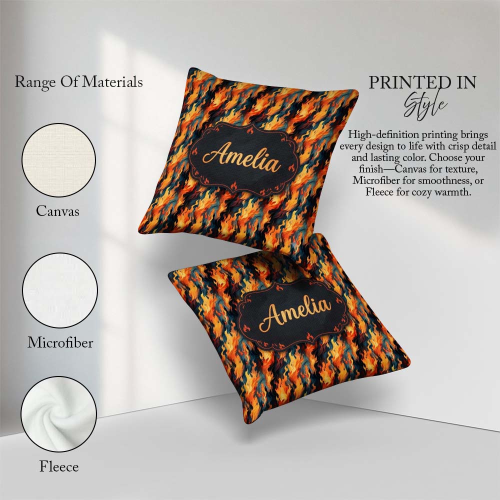 Custom Name Abstract Flowing Flames in Orange and Tones Seamless Square Filled Cushion Throw Pillow Sofa Bed Home Decor Zip Washable UK Made