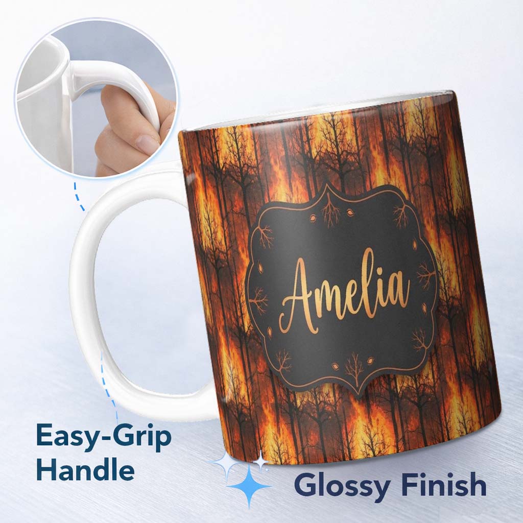 Personalized Custom Name Wildfire Forest Landscape with Intense Burning Trees Seamless 11oz Ceramic Coffee Tea Mug White Large Handle