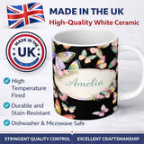 Personalized Custom Name Pastel Watercolor Butterflies White Background Seamless Pattern 11oz Ceramic Coffee Tea Mug White Large Handle