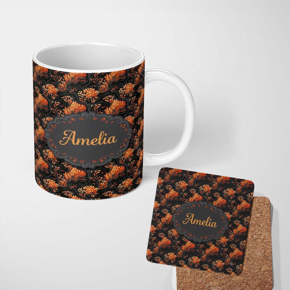 Personalized Custom Name Dark Autumn Leaves with Orange Highlights on Black Seamless Pattern 11oz Ceramic Coffee Tea Mug White Large Handle