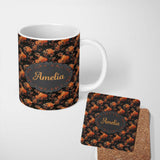 Personalized Custom Name Dark Autumn Leaves with Orange Highlights on Black Seamless Pattern 11oz Ceramic Coffee Tea Mug White Large Handle