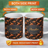 Personalized Custom Name Dark Autumn Leaves with Orange Highlights on Black Seamless Pattern 11oz Ceramic Coffee Tea Mug White Large Handle