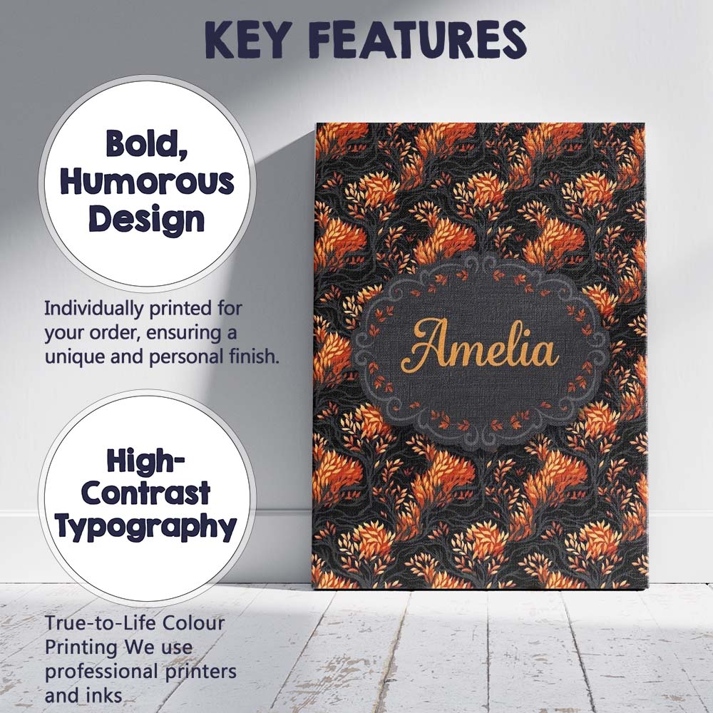 Personalised Name Dark Autumn Leaves with Custom  Unique Gift Idea Elegant Feature Canvas Wall Art Print Decor Picture Ready to Hang