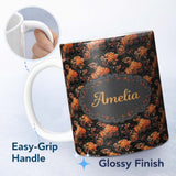 Personalized Custom Name Dark Autumn Leaves with Orange Highlights on Black Seamless Pattern 11oz Ceramic Coffee Tea Mug White Large Handle