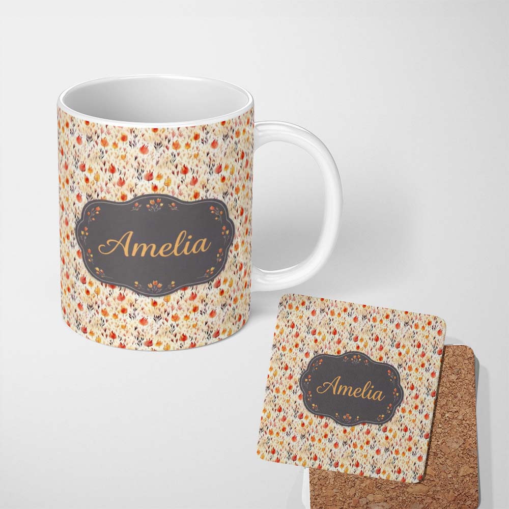 Personalized Custom Name Small Autumn Floral Pattern in Warm Red and Orange Tones Seamless 11oz Ceramic Coffee Tea Mug White Large Handle