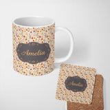 Personalized Custom Name Small Autumn Floral Pattern in Warm Red and Orange Tones Seamless 11oz Ceramic Coffee Tea Mug White Large Handle