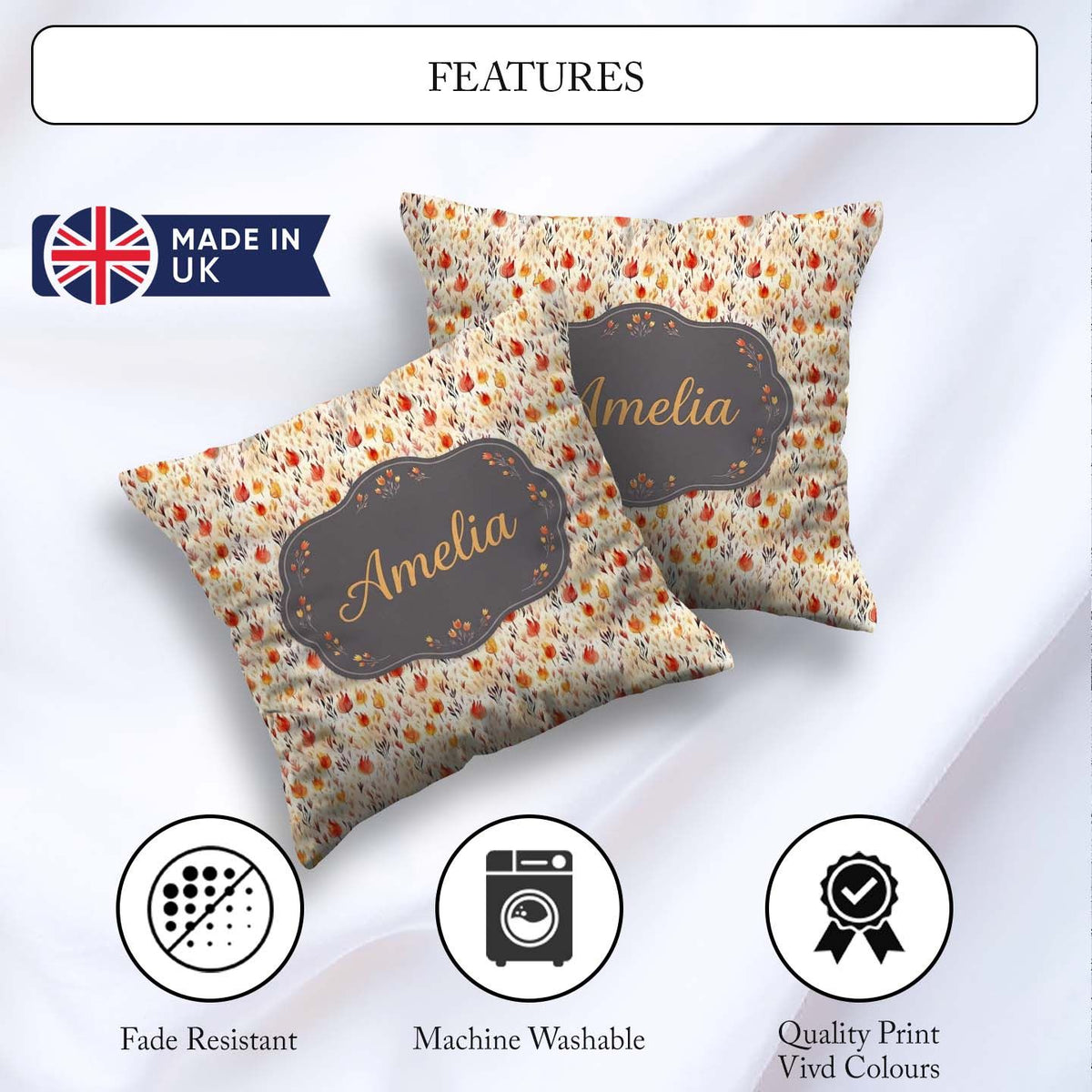 Custom Name Small Autumn Floral Pattern in Warm Red Orange Tones Square Filled Cushion Throw Pillow Sofa Bed Home Decor Zip Washable UK Made