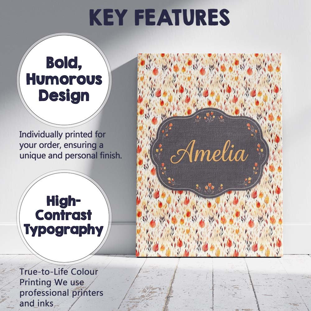 Personalised Name Small Autumn Floral Custom Modern Room Accent Creative Decorator Style Canvas Wall Art Print Decor Picture Ready to Hang
