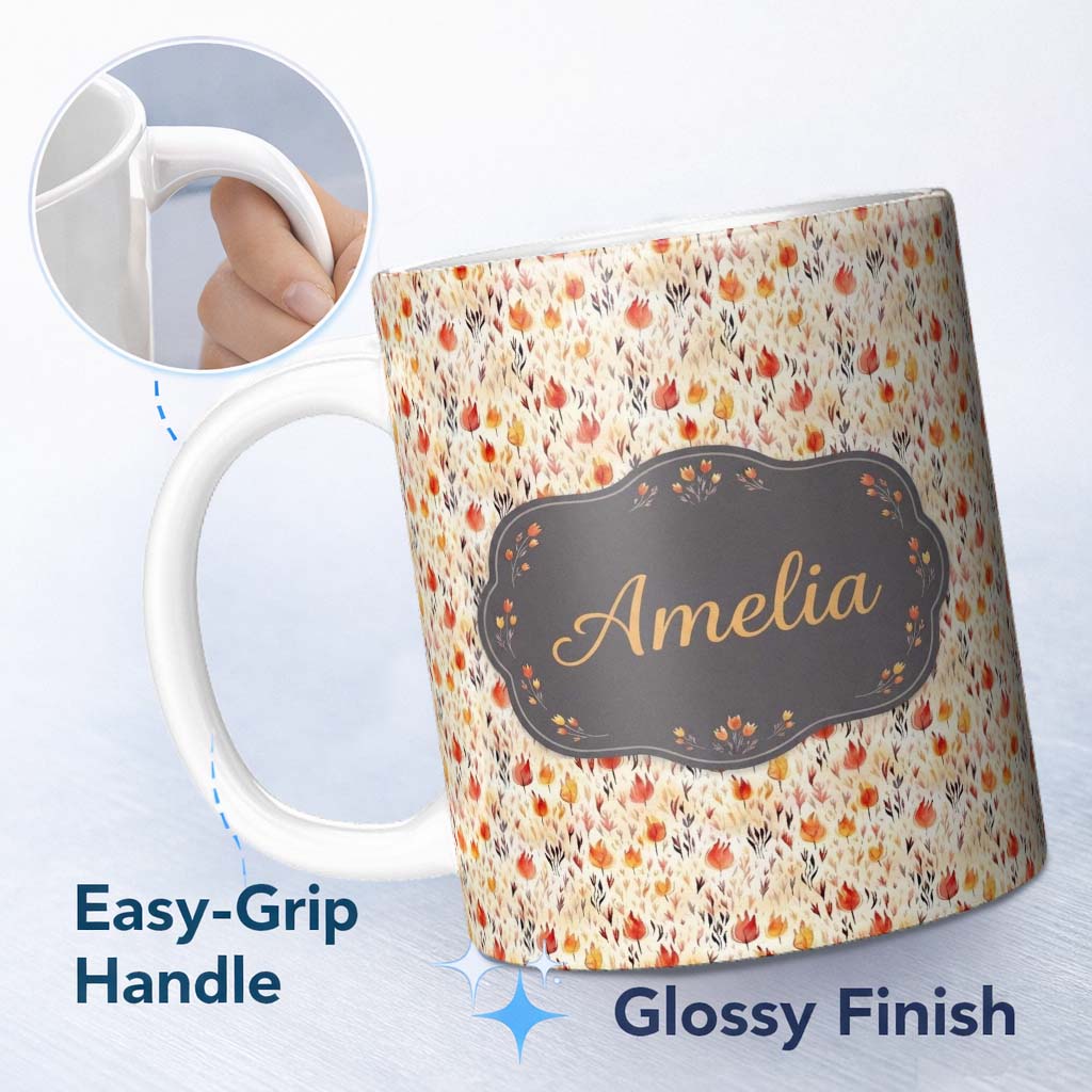 Personalized Custom Name Small Autumn Floral Pattern in Warm Red and Orange Tones Seamless 11oz Ceramic Coffee Tea Mug White Large Handle