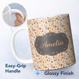 Personalized Custom Name Small Autumn Floral Pattern in Warm Red and Orange Tones Seamless 11oz Ceramic Coffee Tea Mug White Large Handle
