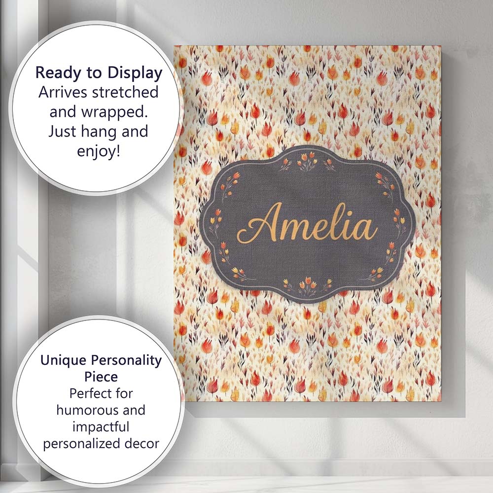 Personalised Name Small Autumn Floral Custom Modern Room Accent Creative Decorator Style Canvas Wall Art Print Decor Picture Ready to Hang