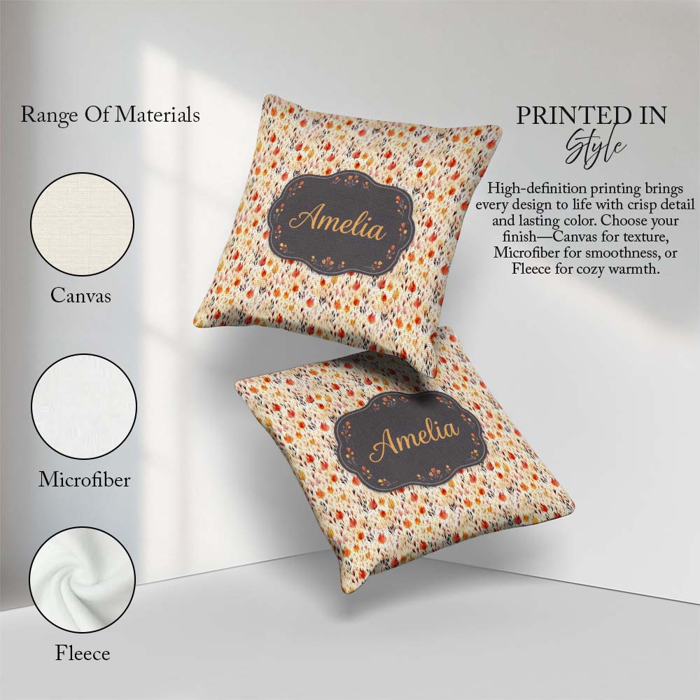 Custom Name Small Autumn Floral Pattern in Warm Red Orange Tones Square Filled Cushion Throw Pillow Sofa Bed Home Decor Zip Washable UK Made