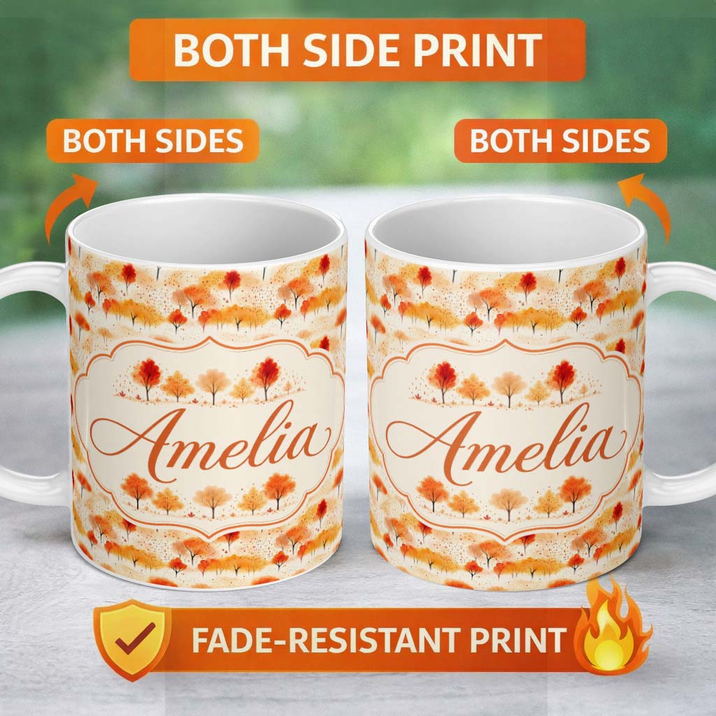 Personalized Custom Name Soft Autumn Trees in Misty Landscape Seamless Pattern Name Cute 11oz Ceramic Coffee Tea Mug White Large Handle
