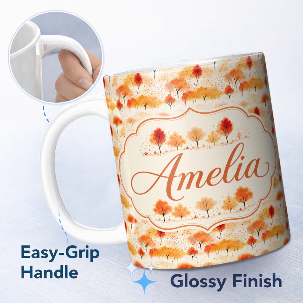 Personalized Custom Name Soft Autumn Trees in Misty Landscape Seamless Pattern Name Cute 11oz Ceramic Coffee Tea Mug White Large Handle