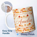Personalized Custom Name Soft Autumn Trees in Misty Landscape Seamless Pattern Name Cute 11oz Ceramic Coffee Tea Mug White Large Handle