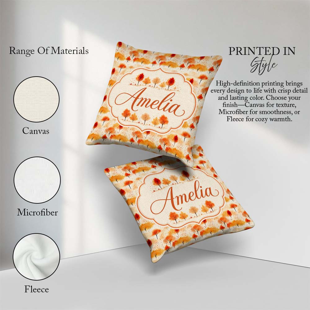 Custom Name Soft Autumn Trees in Landscape Seamless Pattern Name Square Filled Cushion Throw Pillow Sofa Bed Home Decor Zip Washable UK Made