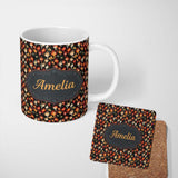 Personalized Custom Name Stylised Flame Leaves on Black Background Seamless Pattern Name Cute 11oz Ceramic Coffee Tea Mug White Large Handle