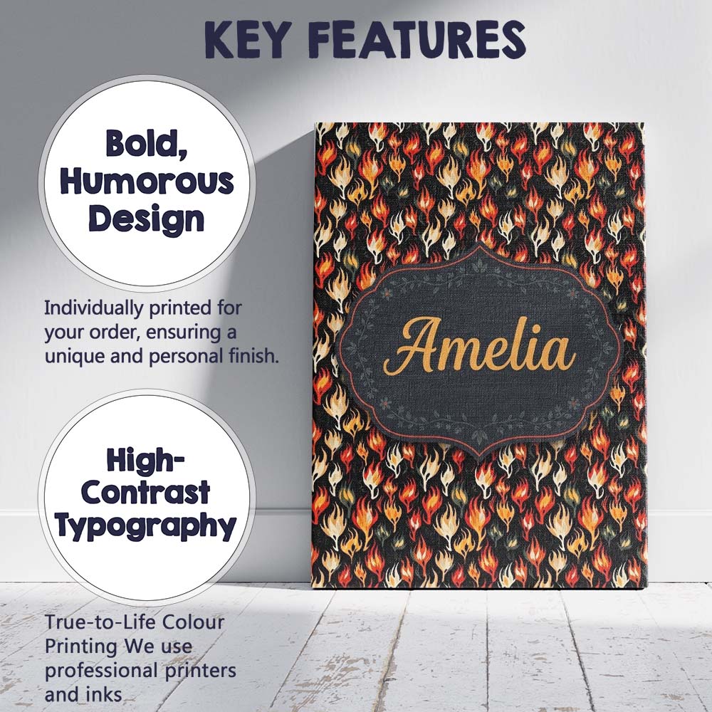 Personalised Name Stylised Flame Leaves on Custom  Unique Gift Idea Elegant Feature Canvas Wall Art Print Decor Picture Ready to Hang