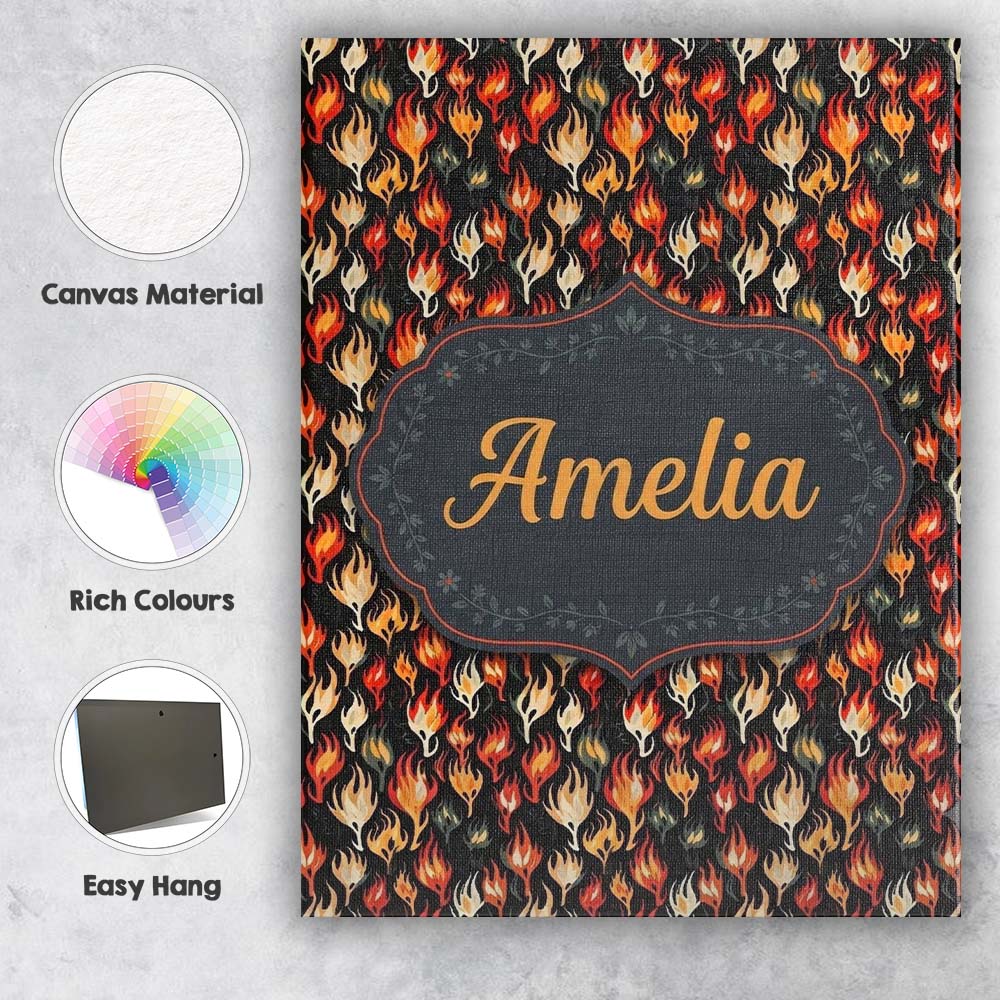 Personalised Name Stylised Flame Leaves on Custom  Unique Gift Idea Elegant Feature Canvas Wall Art Print Decor Picture Ready to Hang