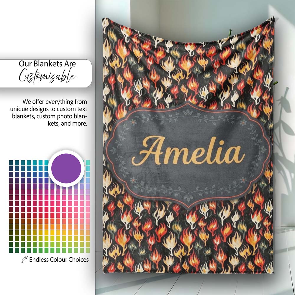 Stylised Flame Leaves on Black Background Seamless Pattern Name Cute  Personalised Custom Name Super Soft Fleece Blanket Bed Sofa Throw