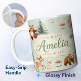 Personalized Custom Name Bear Bunny Squirrel Trees Mushrooms Butterfly Soft Sage Seamless 11oz Ceramic Coffee Tea Mug White Large Handle
